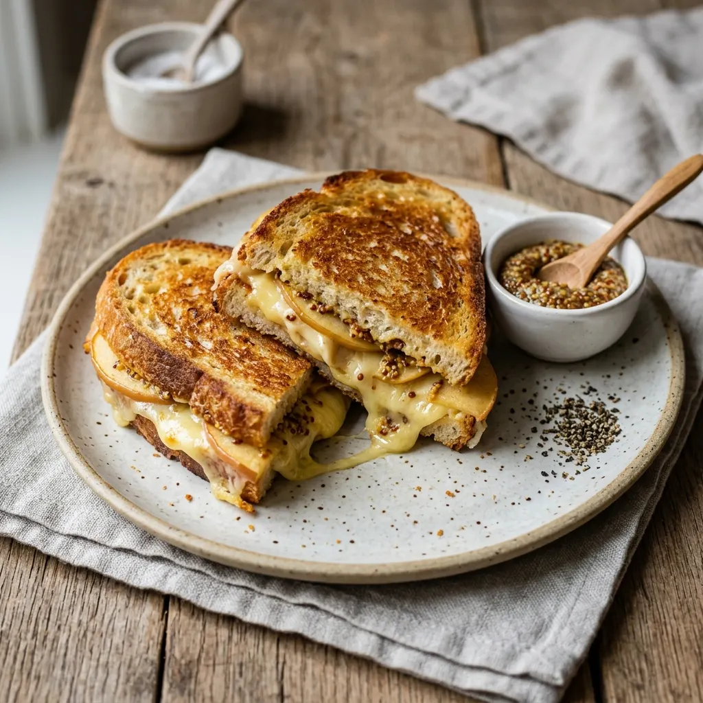 Grilled cheese au cheddar, au gruyère et au brie, à la pomme et à la moutarde à l'ancienne