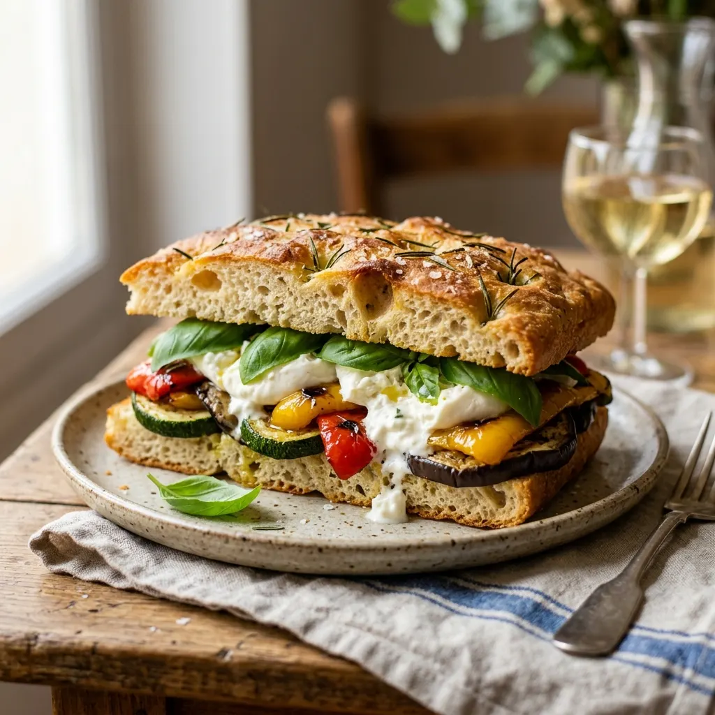 Sandwich focaccia aux légumes rôtis, à la burrata et au basilic