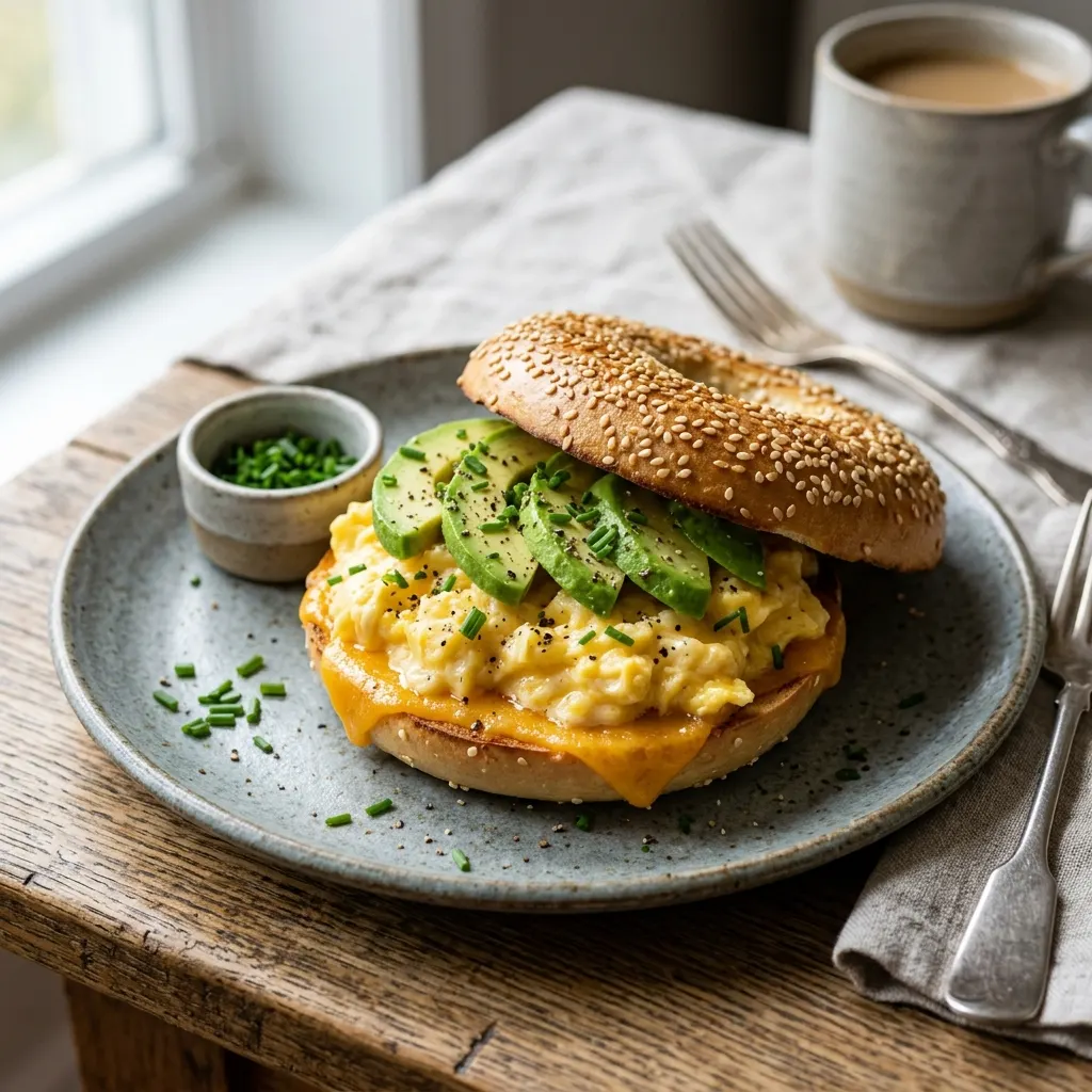 Bagel du petit-déjeuner à l'œuf brouillé, au cheddar et à l'avocat
