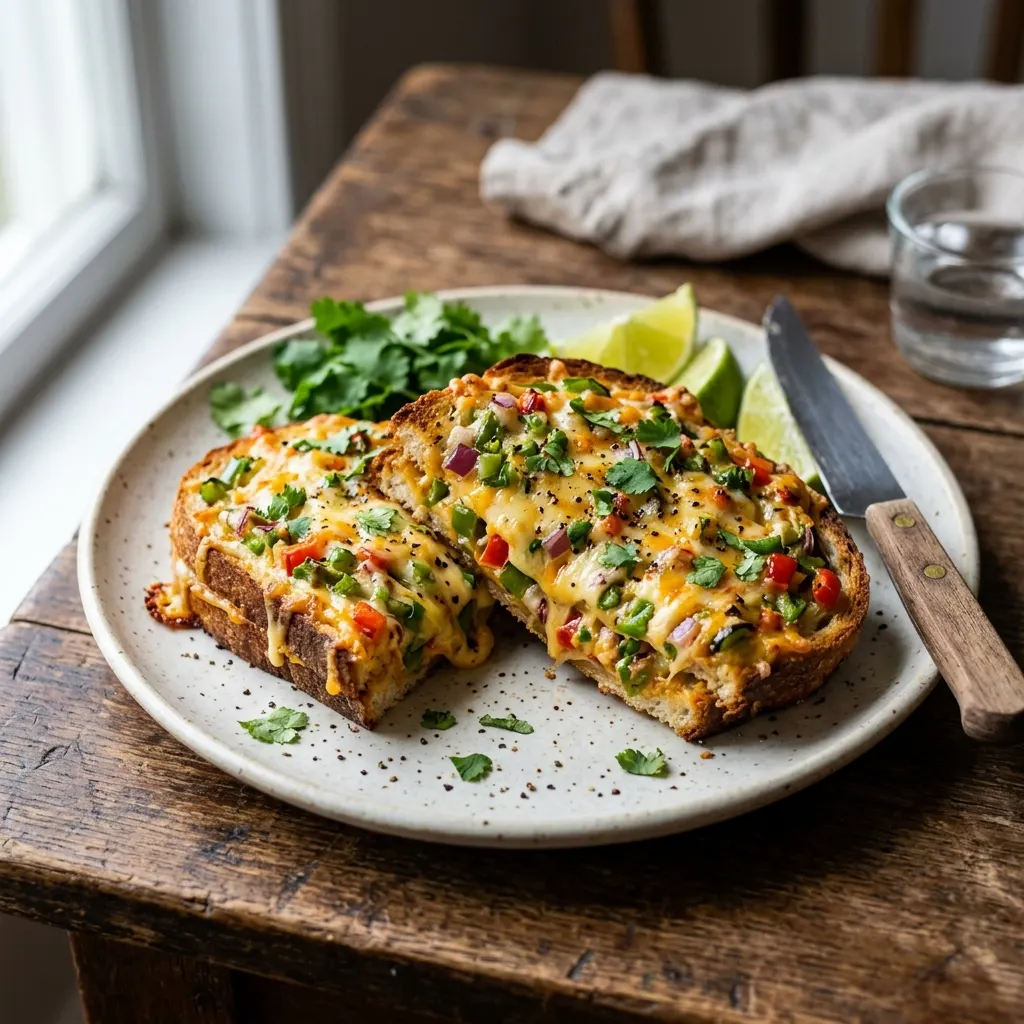Chilli cheese toast (tartines indiennes au cheddar, piment vert et poivron)