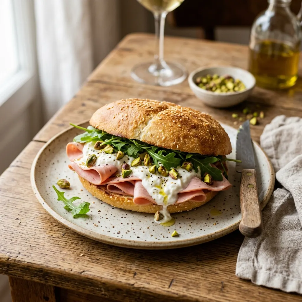 Panino mortadella, burrata e pistacchio (panini à la mortadelle, à la burrata et aux pistaches)