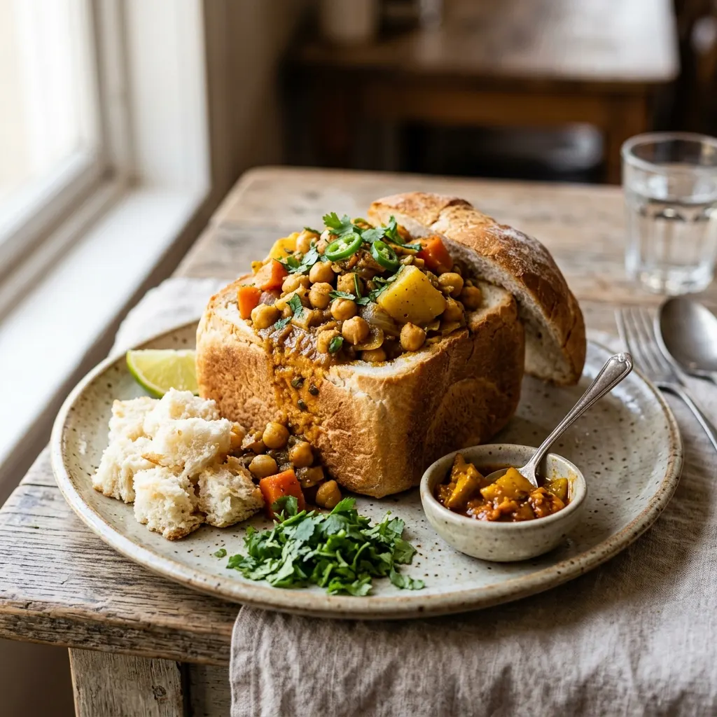 Bunny chow aux pois chiches (petit pain évidé garni de curry, à la mode de Durban)