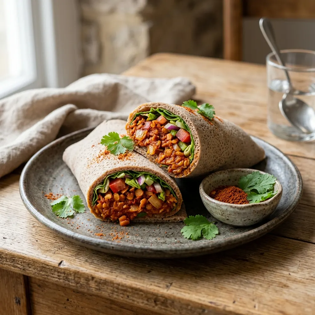 Misir wot en wrap d'injera (lentilles corail éthiopiennes au berbéré)