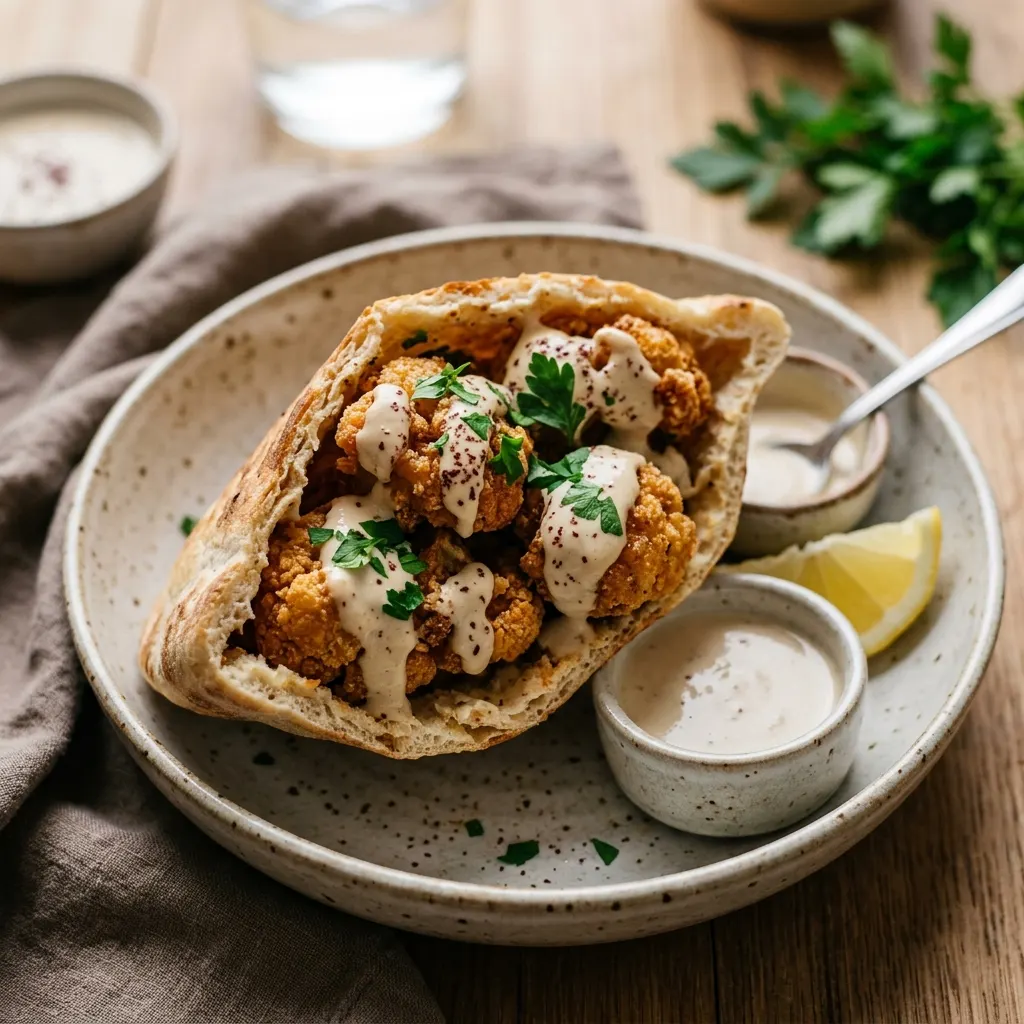 Arnabeet mekle en pita (chou-fleur frit libanais à la sauce tarator)