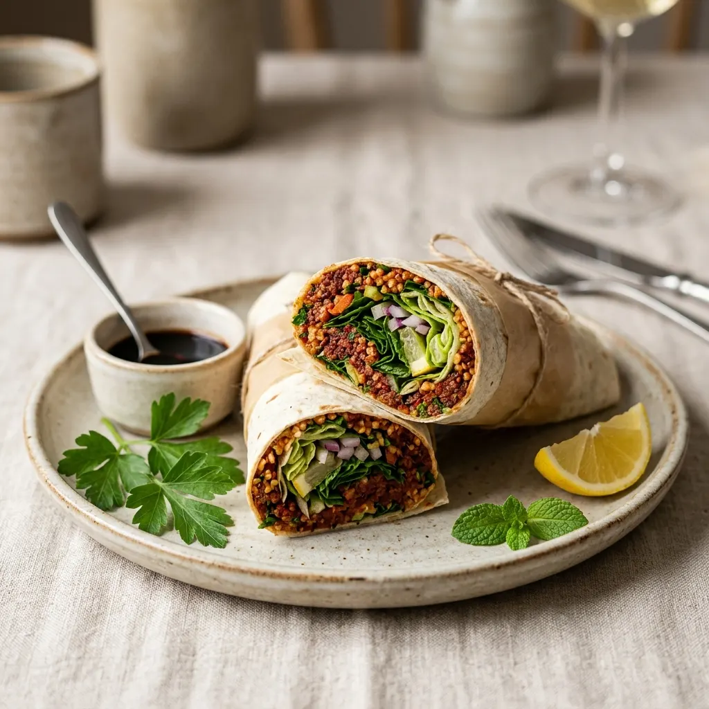 Çiğ köfte dürüm (wrap turc de boulgour pimenté, sans viande)