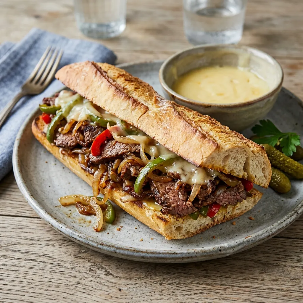 Philly cheesesteak (sandwich de Philadelphie au bœuf émincé, aux oignons et au provolone)