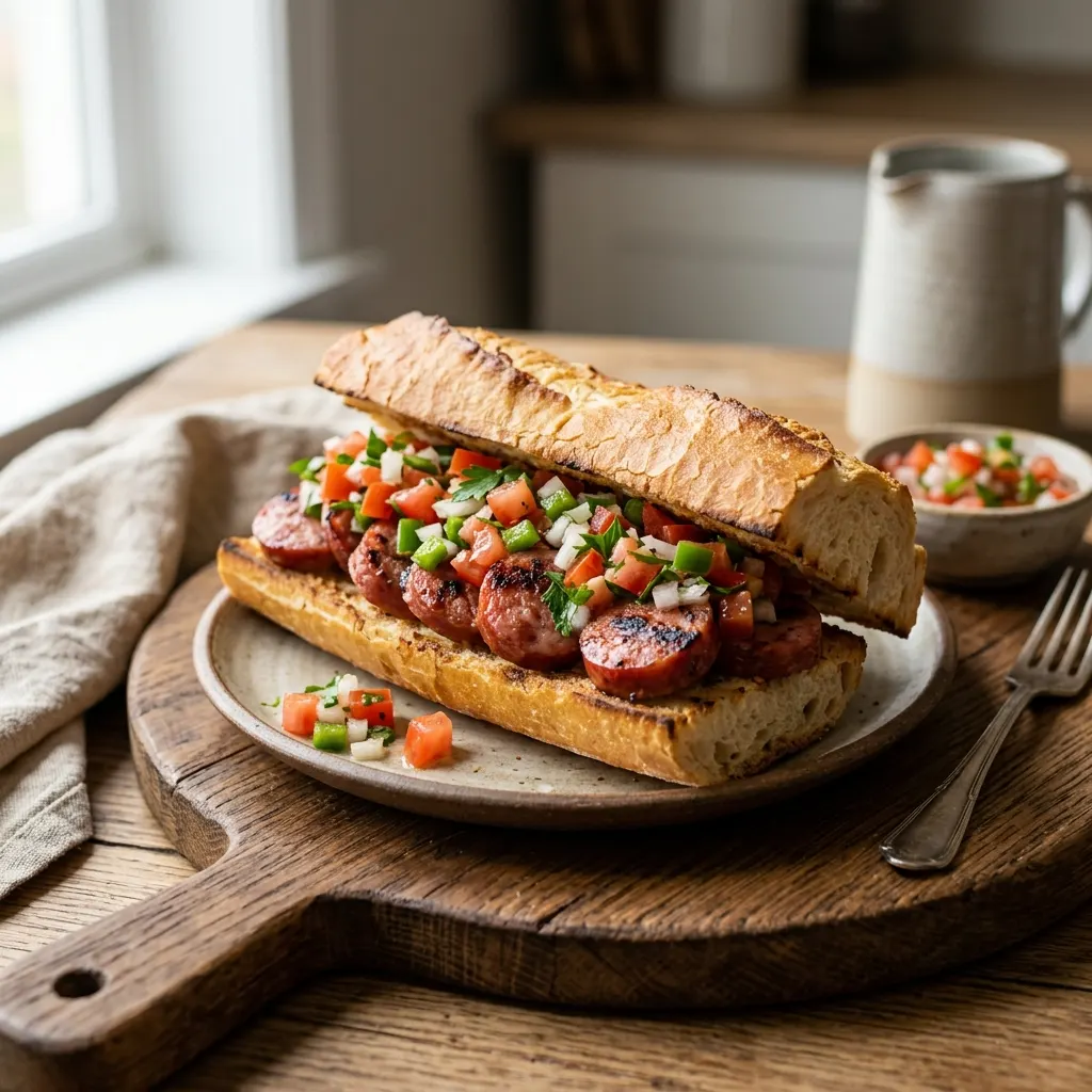 Pão com linguiça e vinagrete (sandwich brésilien à la saucisse fumée et à la salsa de tomate)