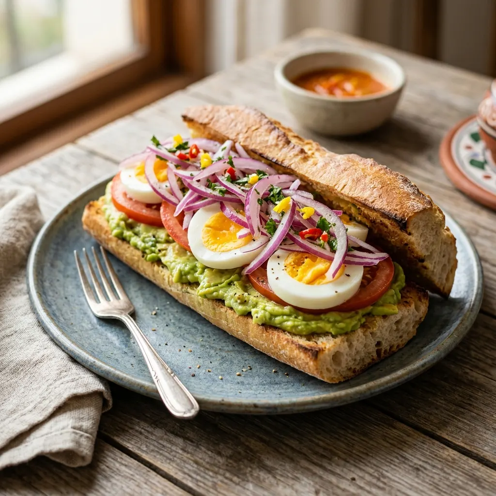 Pan con palta y salsa criolla (sandwich péruvien à l'avocat, à l'œuf dur et à l'oignon mariné)