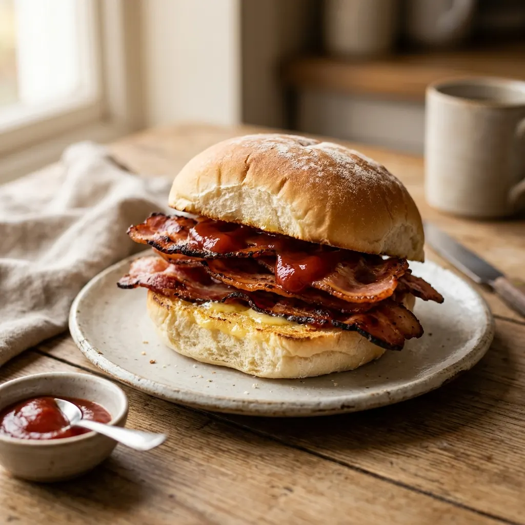 Bacon butty (petit pain anglais au bacon grillé et au beurre)