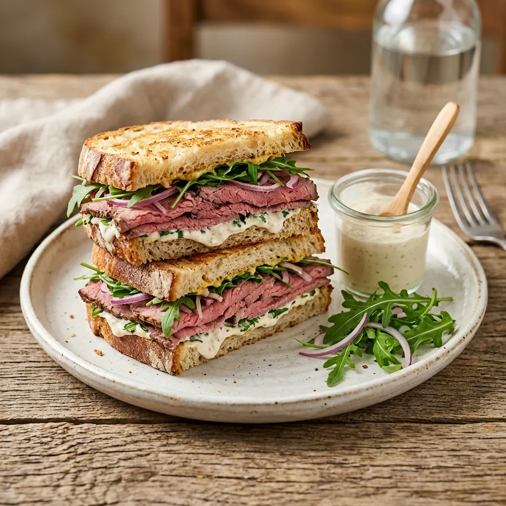 Roast beef sandwich (rôti de bœuf froid, crème de raifort et roquette)