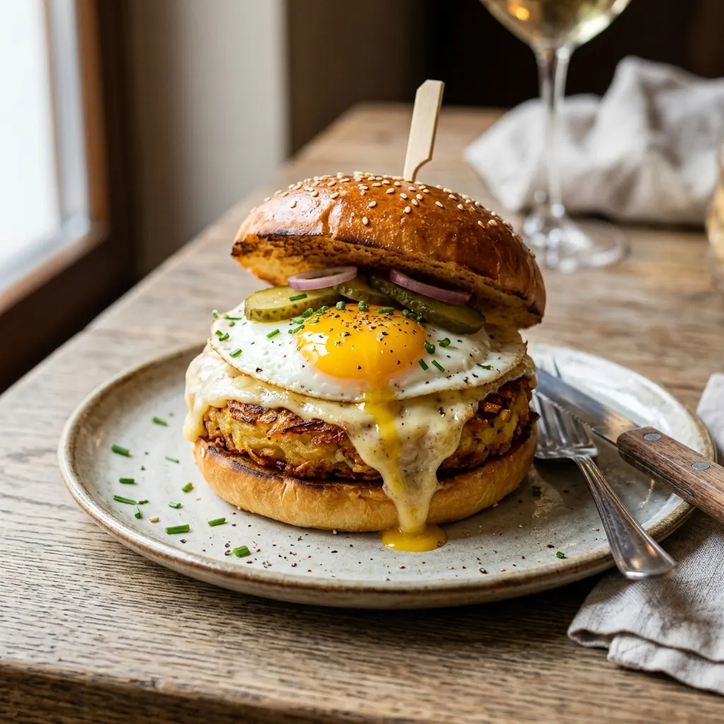 Rösti-burger suisse à la raclette et à l'œuf au plat
