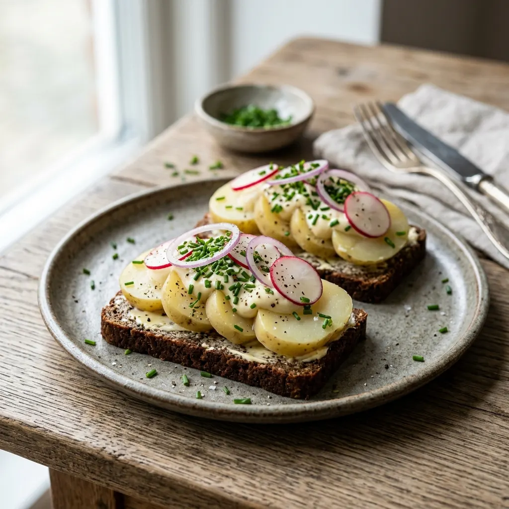 Smørrebrød aux pommes de terre, mayonnaise et ciboulette (kartoffelmad danoise)