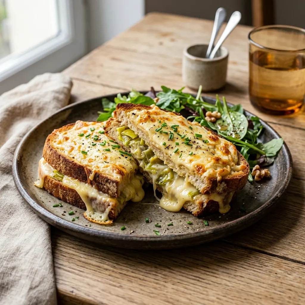 Croque au Maroilles et aux poireaux fondants