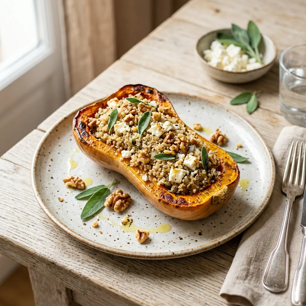 Butternut farcie au quinoa, à la feta et aux noix