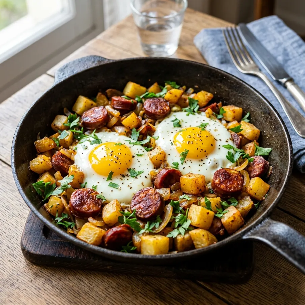 Chorizo, pommes de terre et œufs à la poêle