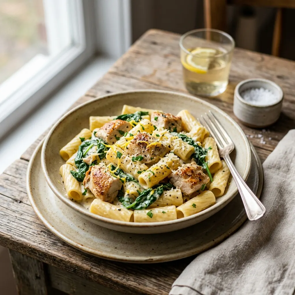 Pâtes au poulet, citron et épinards
