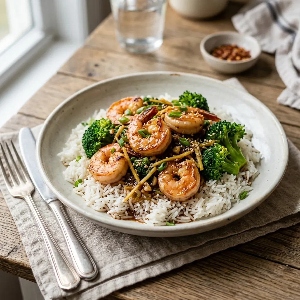 Crevettes sautées au gingembre et brocoli