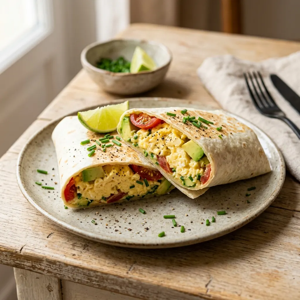 Wrap aux œufs brouillés, avocat et tomate