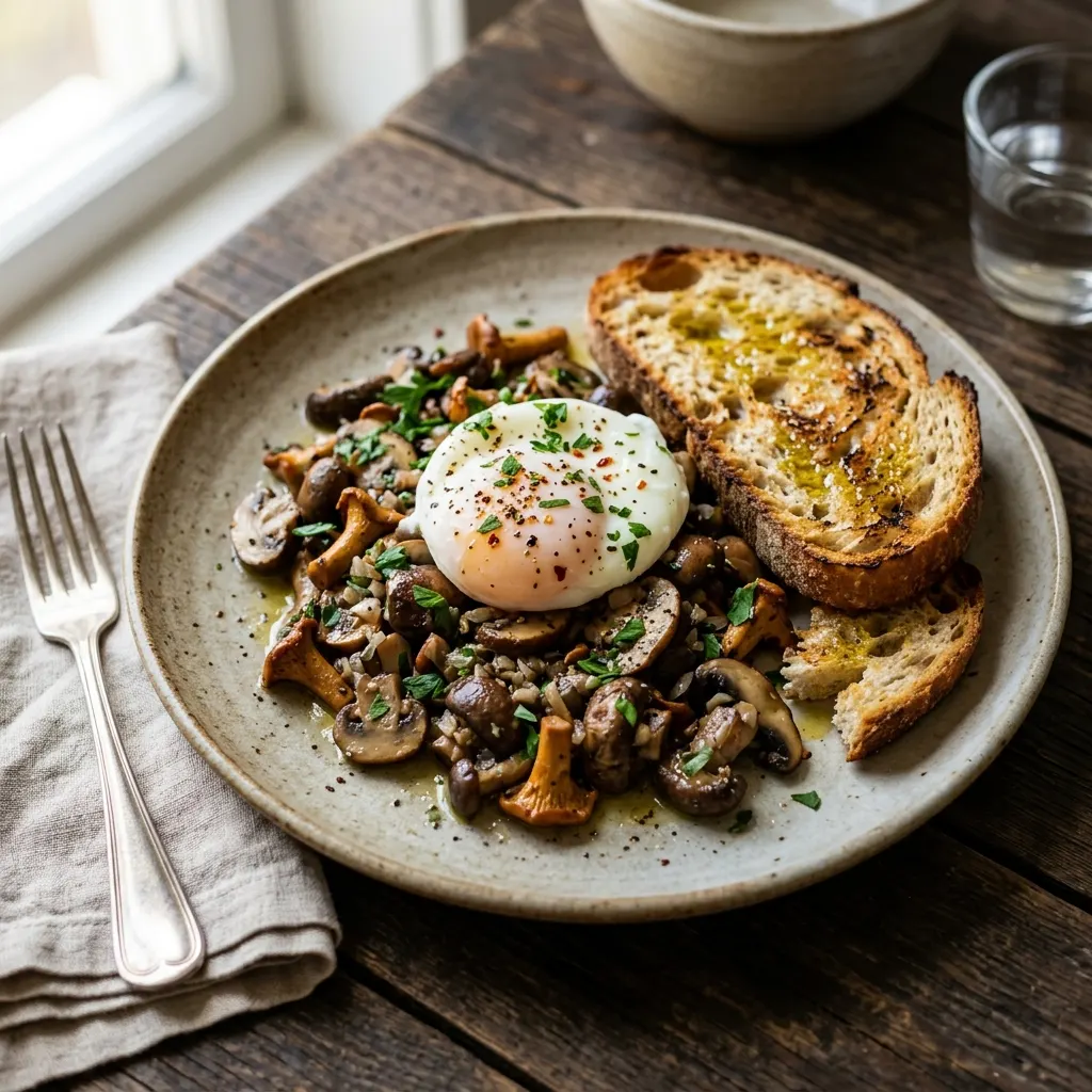 Poêlée de champignons, œuf poché et pain grillé