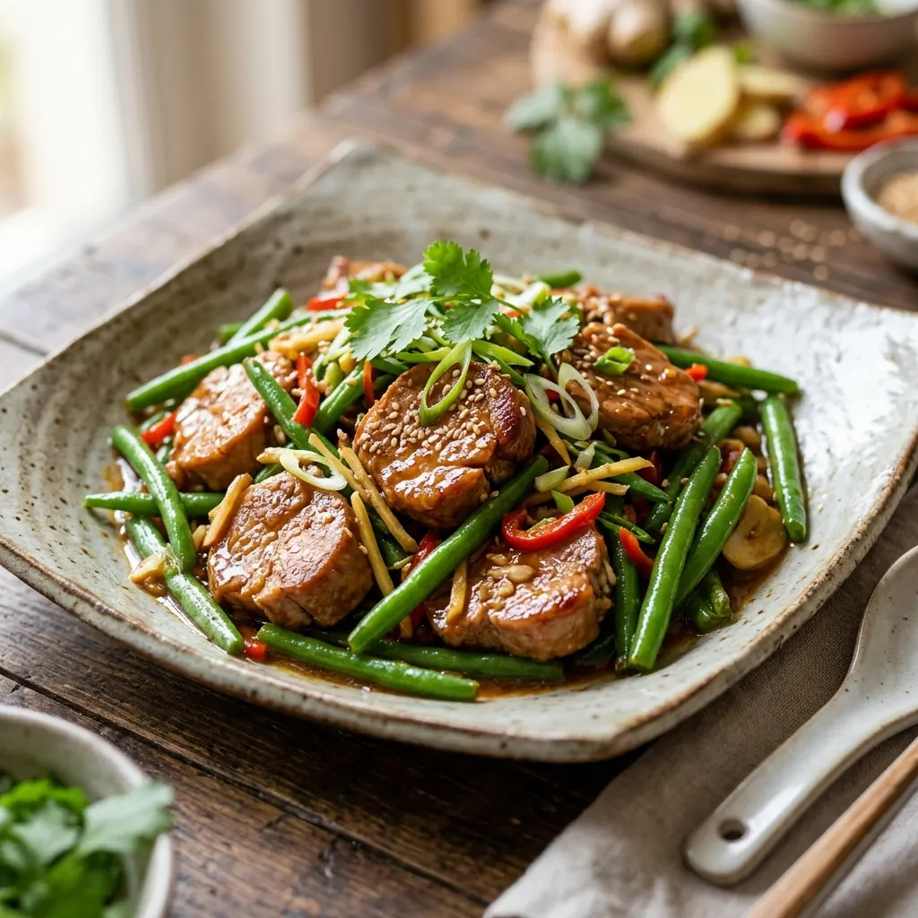 Wok de porc au gingembre et haricots verts