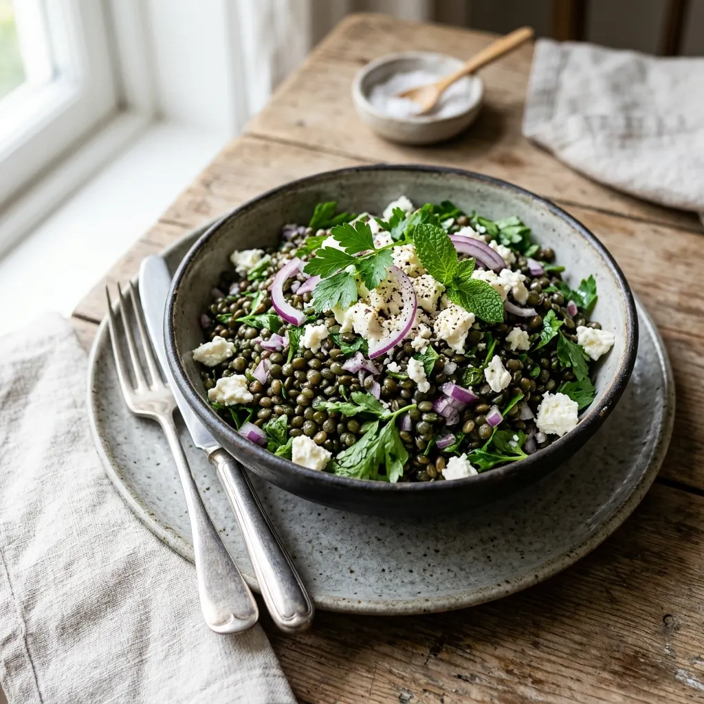 Salade de lentilles, feta et herbes