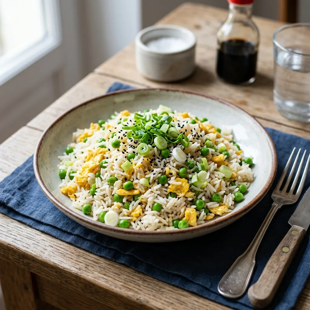 Riz sauté aux œufs et petits pois
