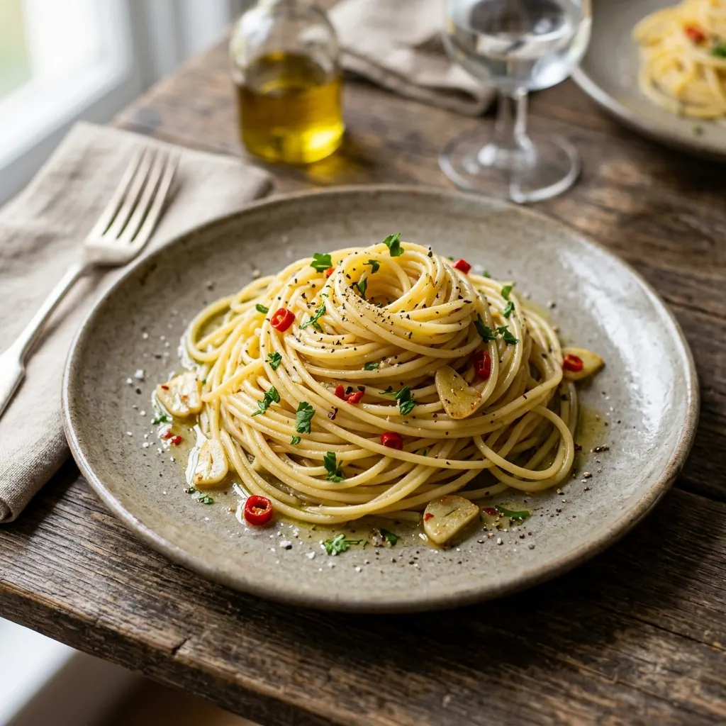 Spaghetti aglio, olio e peperoncino (spaghetti à l'ail, à l'huile et au piment)
