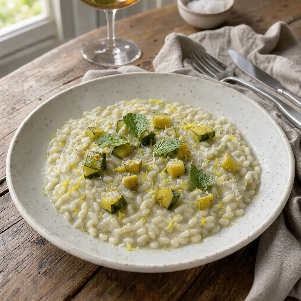 Risotto alle zucchine (risotto aux courgettes, à la menthe et au citron)