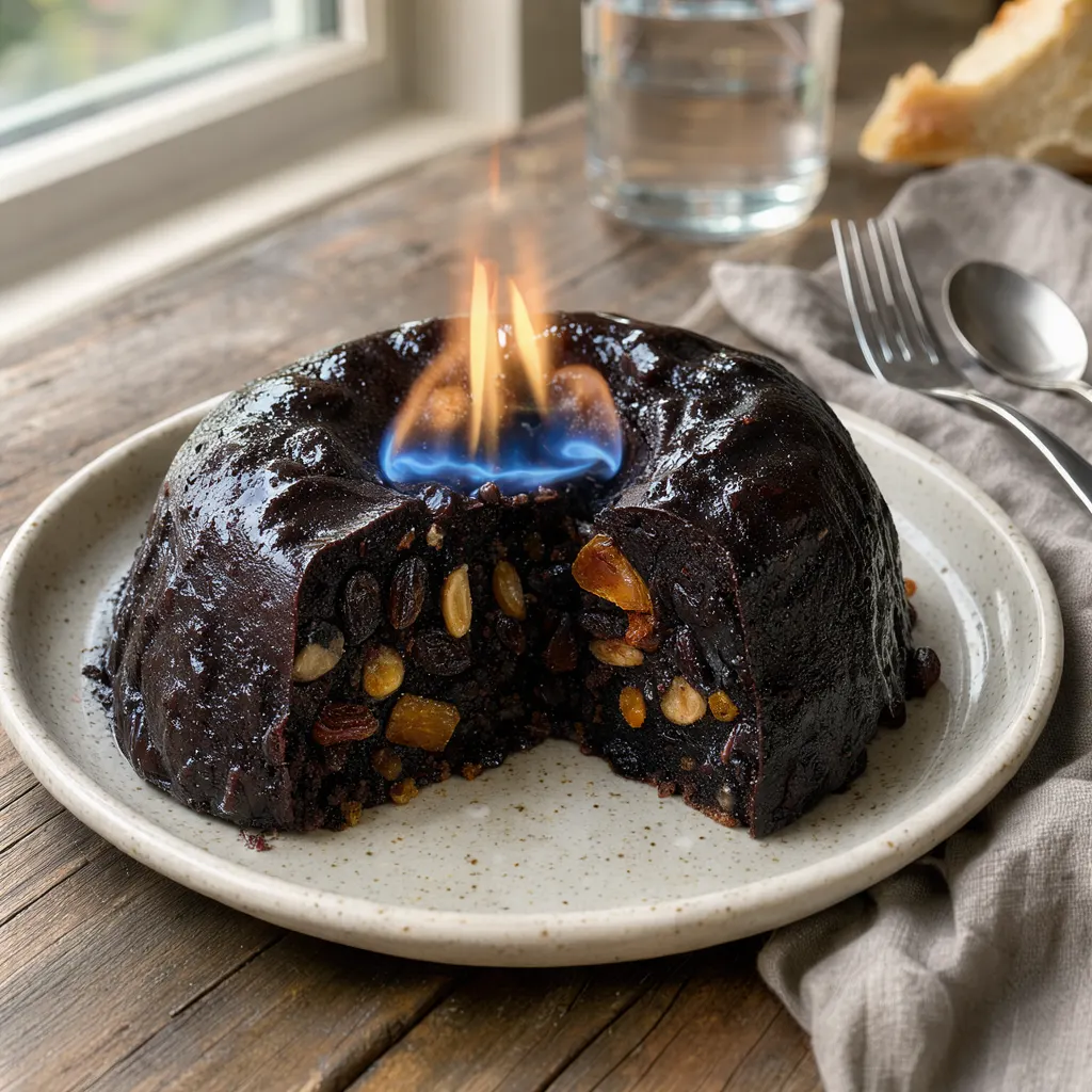 Christmas pudding (pudding anglais de Noël aux fruits secs, flambé au cognac)
