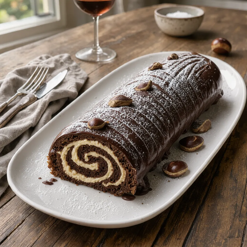 Bûche de Noël roulée au chocolat et à la crème de marrons