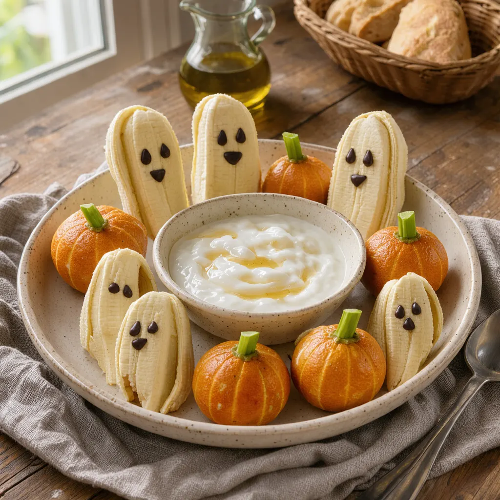 Fantômes de banane et citrouilles de clémentine (goûter de fruits d'Halloween)