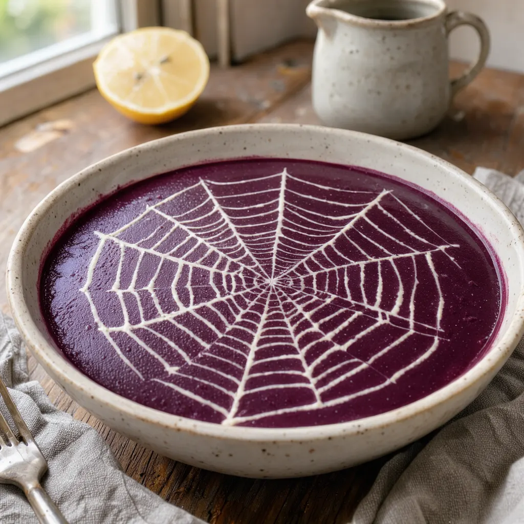 Soupe de sorcière à la betterave (velouté de betterave, de pomme et de pomme de terre, toile d'araignée de crème)