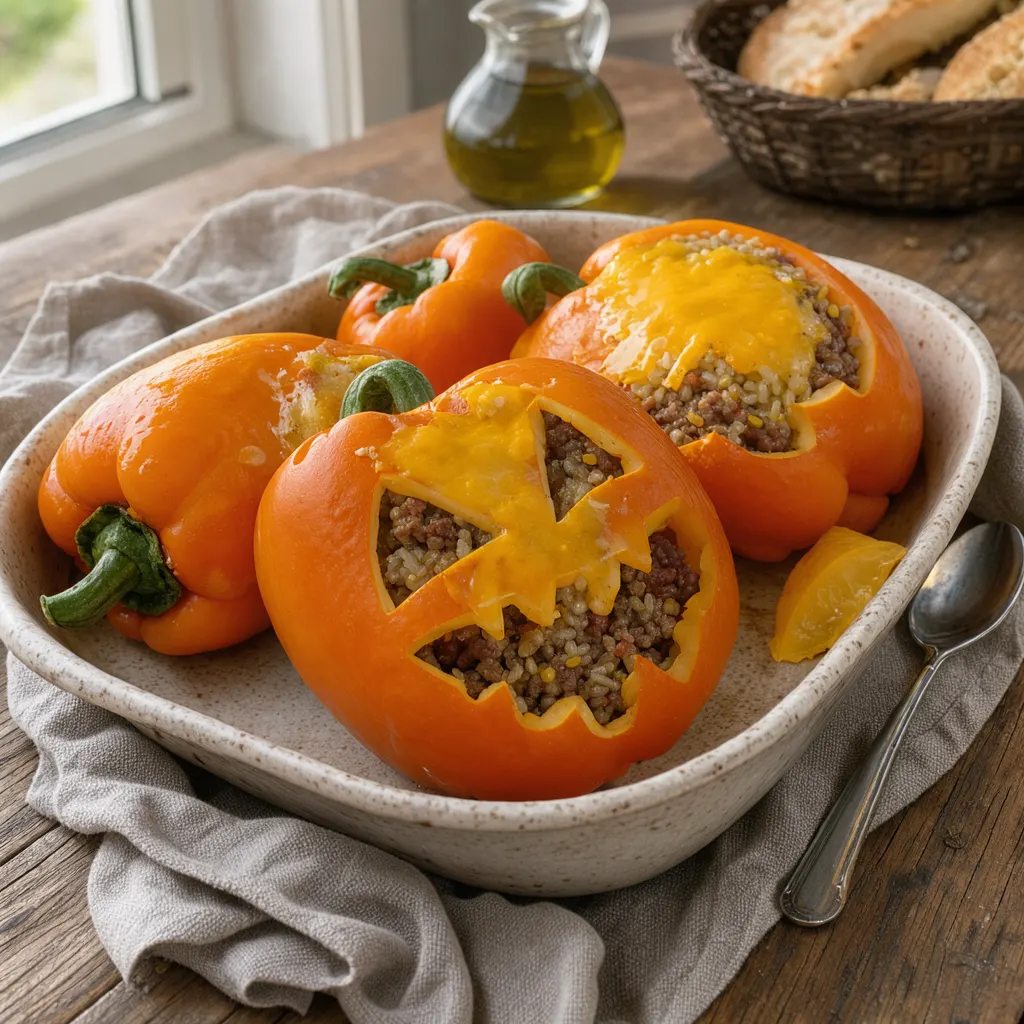 Poivrons lanternes d'Halloween (poivrons orange farcis au riz, au bœuf et au cheddar)
