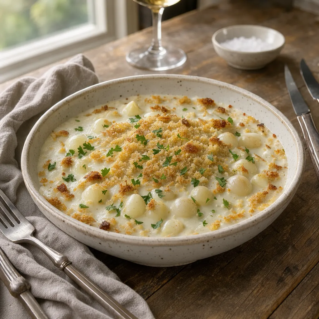Creamed onions (petits oignons gratinés à la crème et à la muscade)