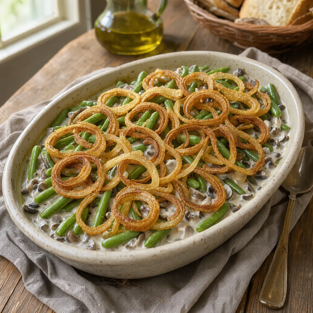 Green bean casserole (gratin américain de haricots verts aux oignons frits)