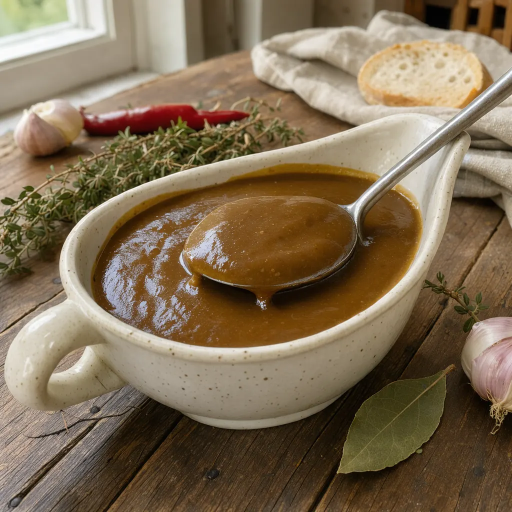 Make-ahead gravy (sauce de dinde préparée la veille, au roux brun)