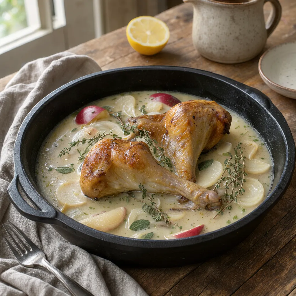 Cuisses de dinde braisées au cidre, à la sauge et aux pommes