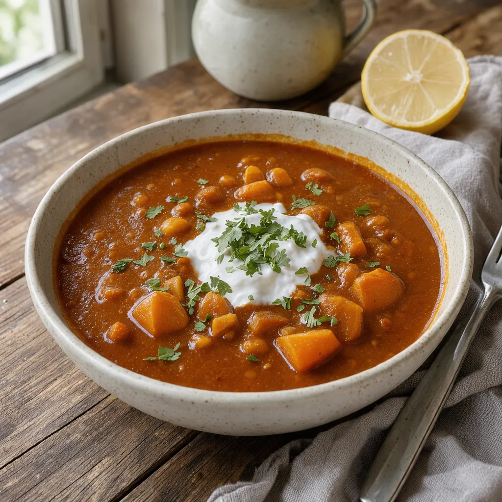 Soupe de patate douce et de lentilles corail au berbéré