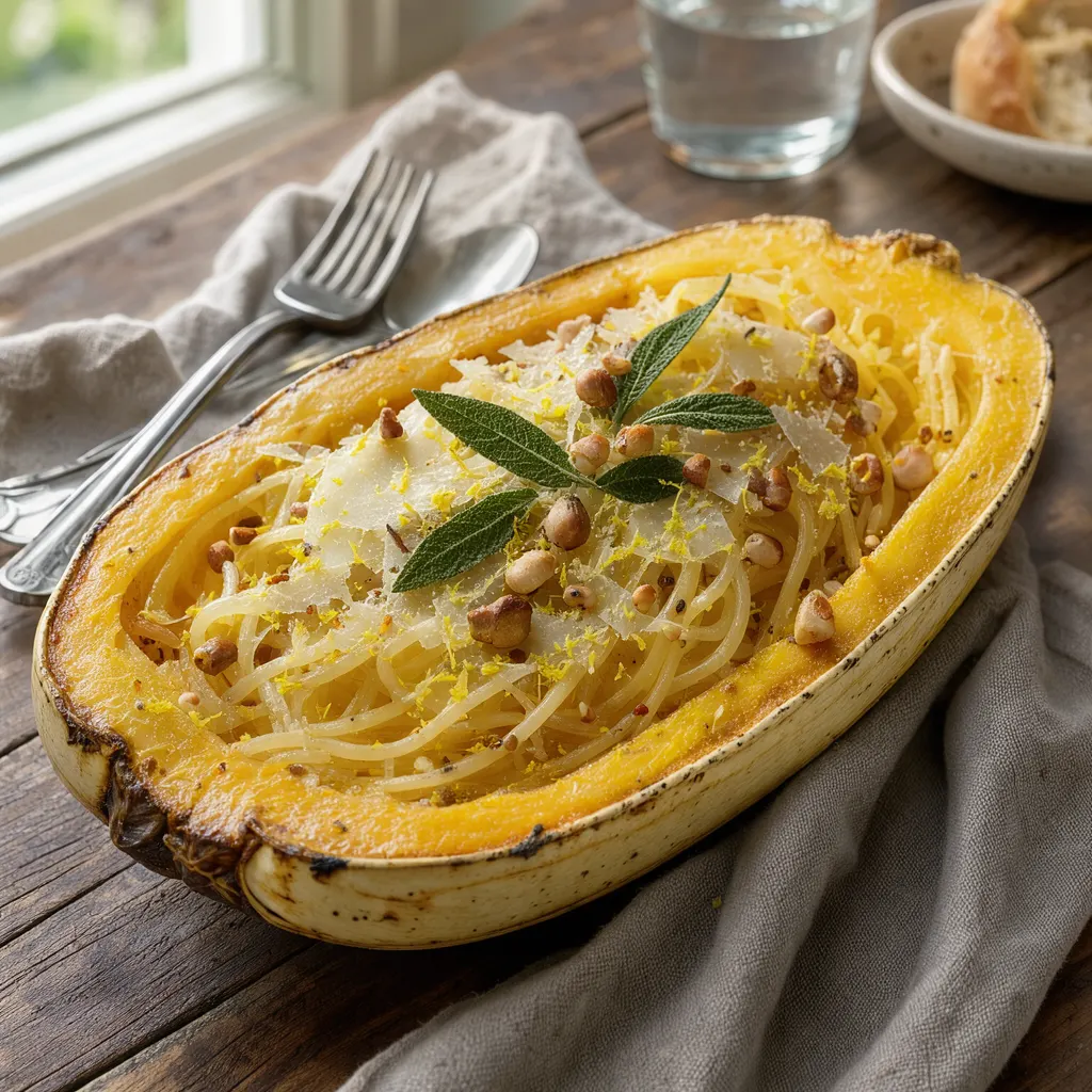 Courge spaghetti au beurre noisette, à la sauge et aux noisettes grillées