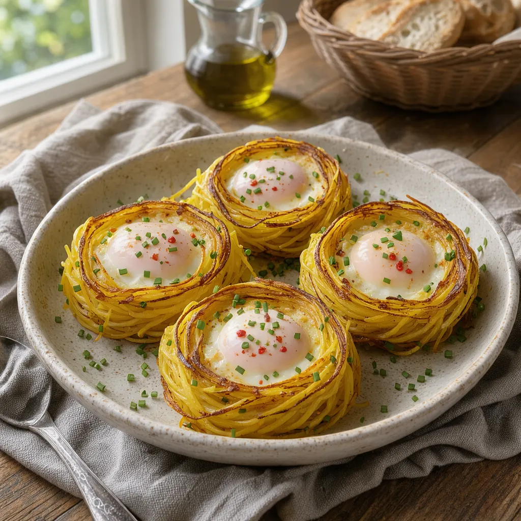 Nids de courge spaghetti aux œufs cuits au four