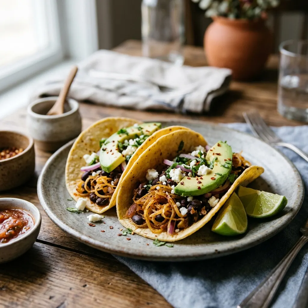 Tacos de courge spaghetti aux haricots noirs, avocat et queso fresco