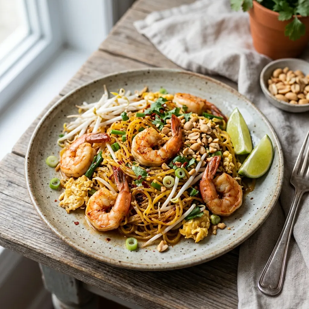 Courge spaghetti sautée façon pad thaï aux crevettes