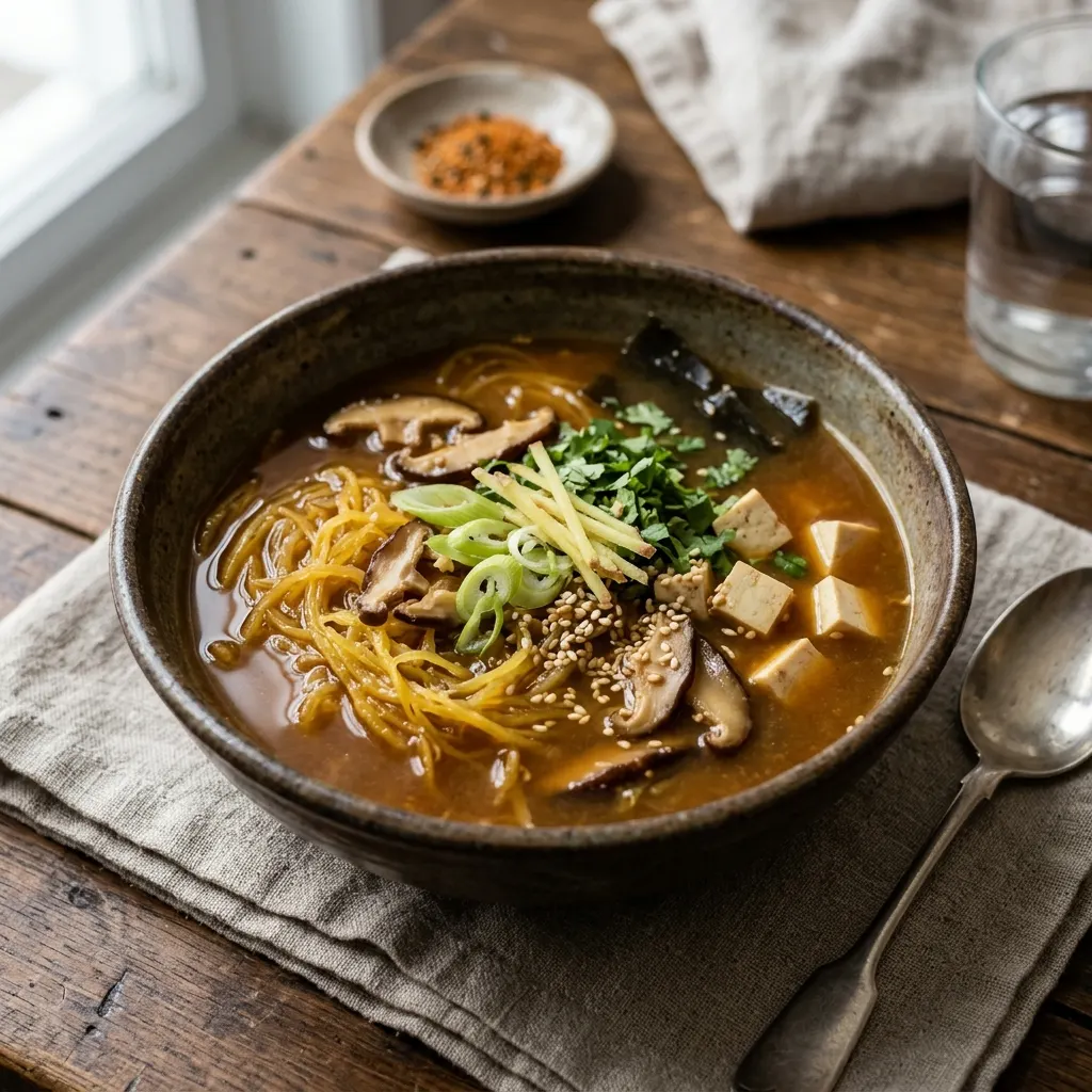 Bouillon de courge spaghetti au miso, aux shiitakés et au tofu