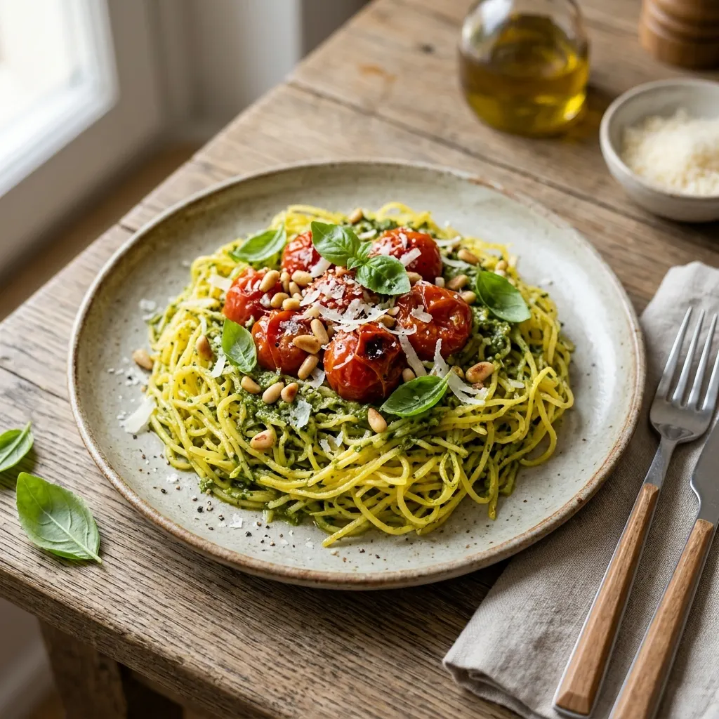Courge spaghetti au pesto de basilic et aux tomates cerises rôties
