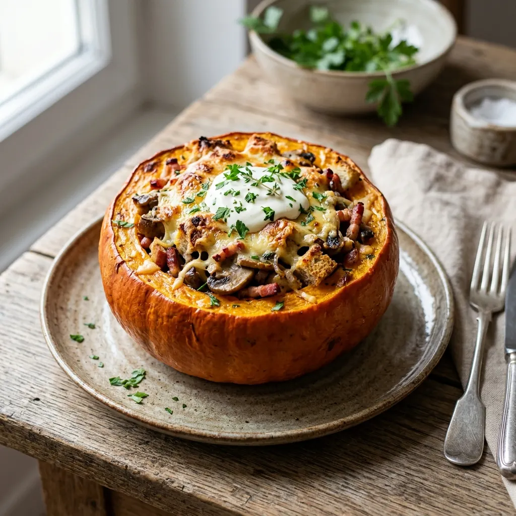 Potiron farci aux champignons, au lard et au comté