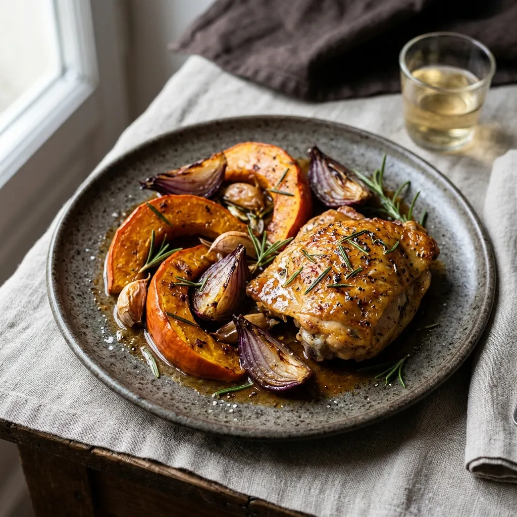Poulet rôti au potimarron, aux oignons rouges et au romarin
