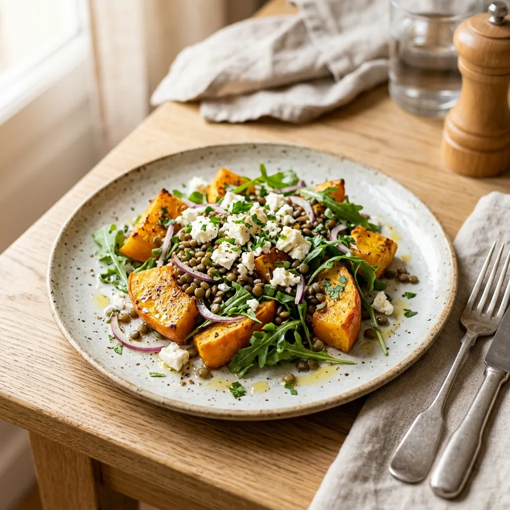 Salade tiède de potimarron rôti, lentilles vertes et feta