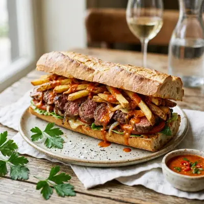 Gatsby du Cap (sandwich géant au steak, aux frites et à la sauce piri-piri)